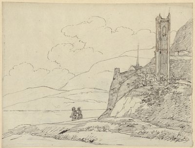 Mountain Landscape with Tower Ruins and Figures by Karl Friedrich Schinkel