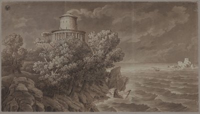 Rocky Sea Coast with an Antique-Style Lighthouse, in Rough Seas by Karl Friedrich Schinkel