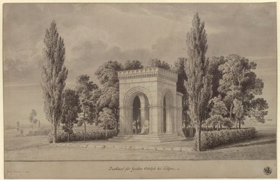 Lützen. Design for a monument to King Gustav II Adolf of Sweden in the form of a Romanesque hall above the Swedish Stone with an attached apse. View by Karl Friedrich Schinkel