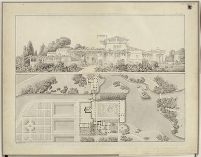 Potsdam-Sanssouci. Roman Baths at Charlottenhof Palace. View from the West and Floor Plan of the Gardener