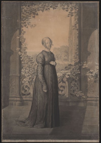 Susanne Schinkel in an Old German Dress in Front of Gothic Architecture, with a Landscape and Gothic Cathedral in the Background by Karl Friedrich Schinkel
