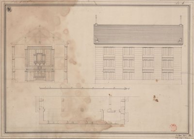 Tillendorf (Bolesławice, Liegnitz District). Design for the Protestant Church. Ground plan, elevation of the side facade and cross-section by Karl Friedrich Schinkel