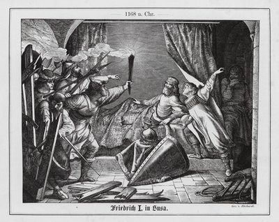 Hartmann of Siebenich disguised as Frederick Barbarossa to enable the Emperor to escape from Susa, Italy by Karl Ludwig Adolf Ehrhardt