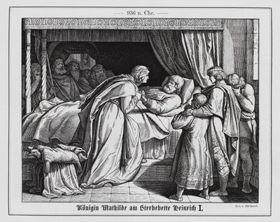 Queen Matilda beside the deathbed of King Henry I of East Francia, 936 (engraving) by Karl Ludwig Adolf Ehrhardt