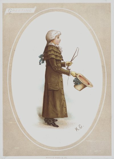 Boy in long brown coat, with wig, and holding hat and hunting whip by Kate (after) Greenaway