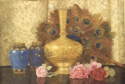 Eastern Presents: Cloisonne Vase, Peacock Feathers, Damask Roses and Indian Vase by Kate Hayllar