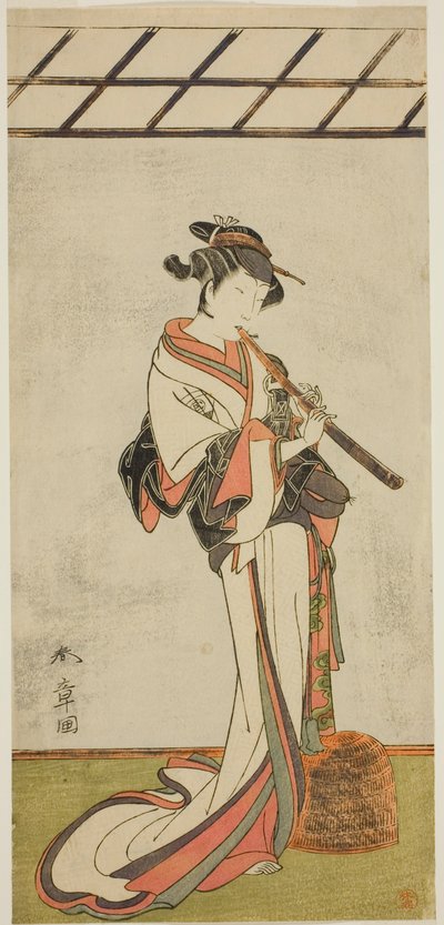 The Actor Onoe Tamizo I as Oiso no Tora or Kewaizaka no Shosho, Disguised as a Female Komusu, in the Play Yui Kanoko Date-zome Soga, Performed at the Ichimura Theater in the First Month, 1774 by Katsukawa Shunsho