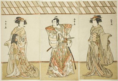 The Actors Onoe Tamizo I as Nishikigi (?) or Otae (?) (right), Ichikawa Danjuro V as Miura Heidayu Kunitae (?) (center), and Osagawa Tsuneyo II as Oyuki (?) (left), in the Play Date Nishiki Tsui no Yumitori (?), Performed at the Morita Theater (?) in the E by Katsukawa Shunsho