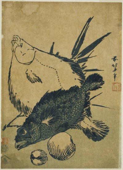 Flatfish, Scorpion Fish, and Shells, from an Untitled Series of Chuban Prints by Katsushika Hokusai