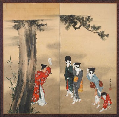 Paper two-fold screen: A Shinto Priest, Three Women and a Child under a Pine Tree, Edo Period, c.1799-1801 by Katsushika Hokusai