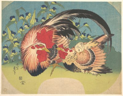 Rooster, Hen and Chicken with Spiderwort by Katsushika Hokusai