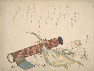 Still Life: Double Cherry-Blossom Branch, Telescope, Sweet Fish, and Tissue Case by Katsushika Hokusai