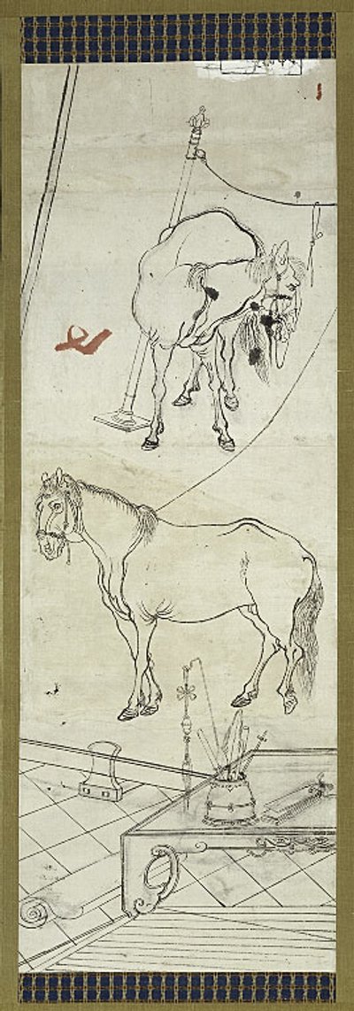 Two Horses in Chinese Style, one of six sketches by Kawanabe Kyosai