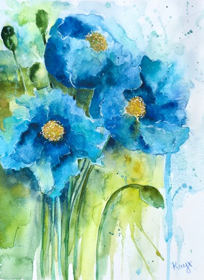 Blue Watercolor Poppies by Kay Shanley