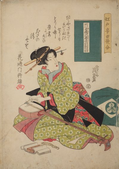 Woman Stringing a Shamisen, from the series: Musical Contest in Edo for Shamisen Playing - Edo ongyoku uta-awase by Keisai Eisen