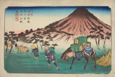 Oiwake, Travellers with a Horse Passing a Mountain, Plate 22 from the Series: The Sixty-nine Stations of the Kisokaido Road by Keisai Eisen