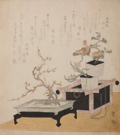 Table with Blooming Plum and Flower Pots by Keisai Eisen