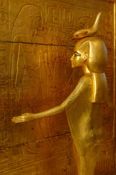 Detail of goddess Selket surrounding shrine for canopic vases, 2009 (photo) by Kenneth Garrett