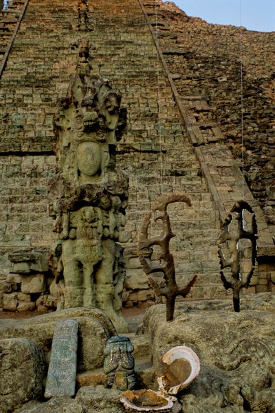 Maya; Copan; Honduras; Temple 26, Heiroglyphic Staircase, Flints, David Stuart found offering by Kenneth Garrett
