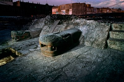 Serpent Replica on Great Temple, Tenochtitlan, Templo Mayor, Aztec, Mexico, Mexico City, 2010 by Kenneth Garrett