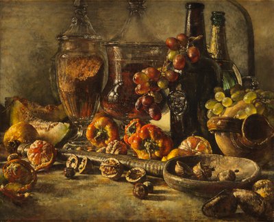 Still Life with Fruit, Nuts and Bottles by Kenneth Newton