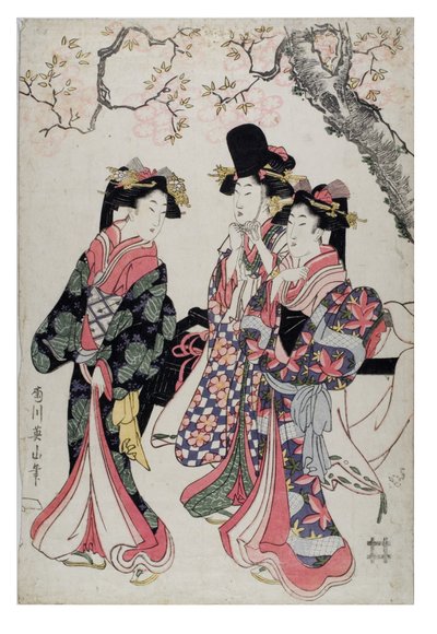 Three Courtesans Walking Under a Flowering Cherry Tree by Kikugawa Eizen