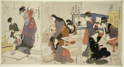 Artist, Block Carver, Applying Sizing, from the Series The Cultivation of Brocade Prints, A Famous Product of Edo by Kitagawa Utamaro