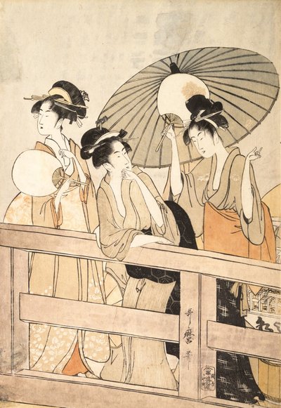Enjoying the Cool Evening Breeze on and under the Bridge, ca. 1800 by Kitagawa Utamaro