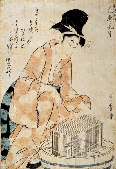 Japanese art: woman sitting in front of a bird cage. Drawing by Outamaro (Utamaro) Kitagawa (1753-1806) 18th century. Rennes, Musee des Beaux Arts by Kitagawa Utamaro