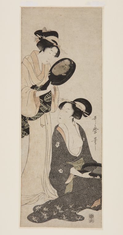 Two Ladies, Each with a Portion of a Lacquered Mirror by Kitagawa Utamaro