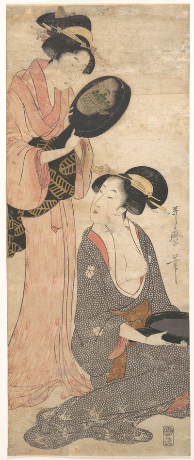 Two Ladies, Each with a Portion of a Lacquered Mirror by Kitagawa Utamaro