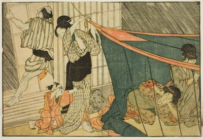 Women Inside a Mosquito Net During a Thunderstorm, from the illustrated book "Picture Book: Flowers of the Four Seasons," vol. 1 by Kitagawa Utamaro