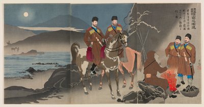 Gradual Advance of Scouts in the Righteous War to Chastise Russia: A Scouting Party of the Japanese Army Observing the Movements of Russian Cossack Soldiers across the Daedong River by Kobayashi Kiyochika