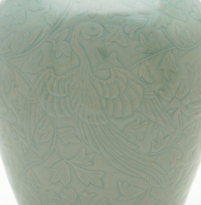 Bottle with Carved and Incised Design of Two Phoenixes and Peony Vinescrolls by Korean School