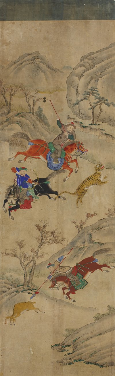 Hunting Scene (3 riders hunting deer and tiger) by Korean School