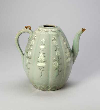 Melon-Shaped Ewer with Stylized Floral Scrolls by Korean School