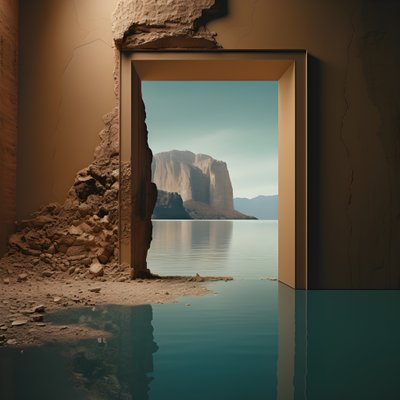 An Image of an Unused Room with Massive Lake and Desert in a Huge Hole Futurecore, High Contrast Chiaroscuro Warm Tones 3 by Kurt Heppke