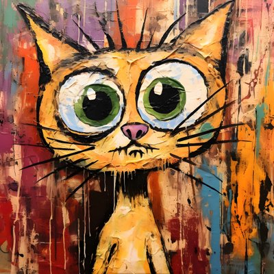 Neo-expressionism of a cartoon cat looking up curiously by Kurt Heppke