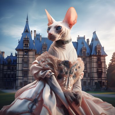 Sphynx Cat in a Ball Gown in Front of a Magnificent Palace in Medieval Style 3 by Kurt Heppke
