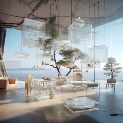 Transparent Building with Island Table by Kurt Heppke