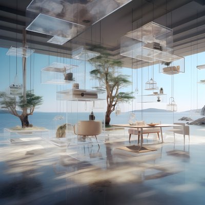Transparent Building with Island Table by Kurt Heppke