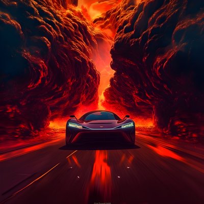 A luxury car on a path with glowing red background by Kurt Heppke