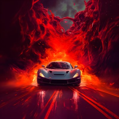 A luxury car on a path with glowing red background by Kurt Heppke
