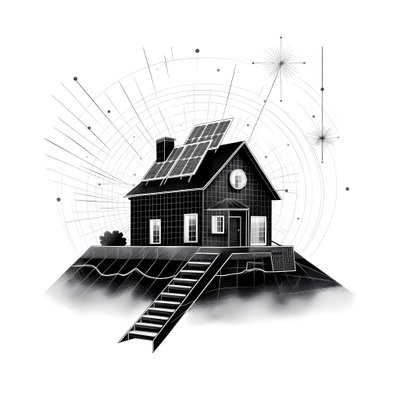 Illustration of a House with Solar Panels and Arrow Pointing Upwards by Kurt Heppke