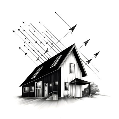 Illustration of a House with Solar Panels and Arrow Pointing Upwards by Kurt Heppke
