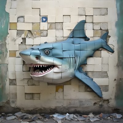 A Blue Shark with a Painted Face on an Old Wall 3 by Kurt Heppke