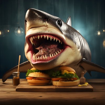 Large Shark Head Cheeseburger with Beef on Wooden Board 3 by Kurt Heppke
