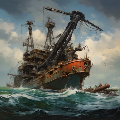 Large Wreck Being Lifted from the Sea by a Crane 1 by Kurt Heppke