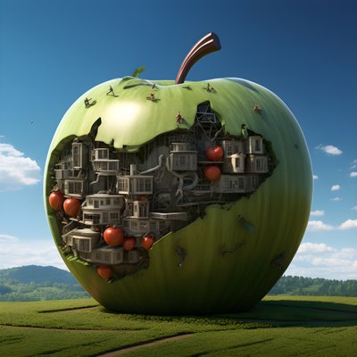 Giant Apple on a Field with Many Small Windows 2 by Kurt Heppke