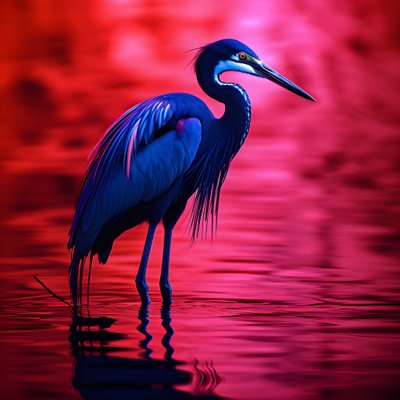 Synthwave Digital Fine Art Piece of an Exotic Cobalt Blue Egret on Red Paper 4 by Kurt Heppke